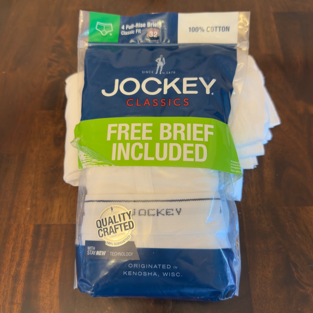 Jockey Classics Mens Full Rise Briefs 4 Pack‎ White 100% Cotton Sz 32 009995/100